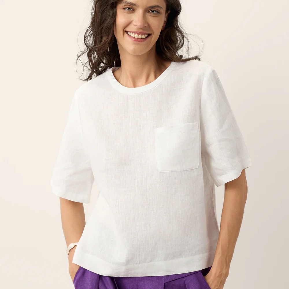 Marc O'Polo Natural Linen‎ White Short Sleeve Pocket Blouse Top EU 42 L